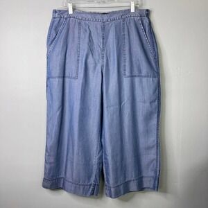 Dkny Cropped Wide Leg Pull On Chambray 100% Lyocell Pants Indigo Women's Size L